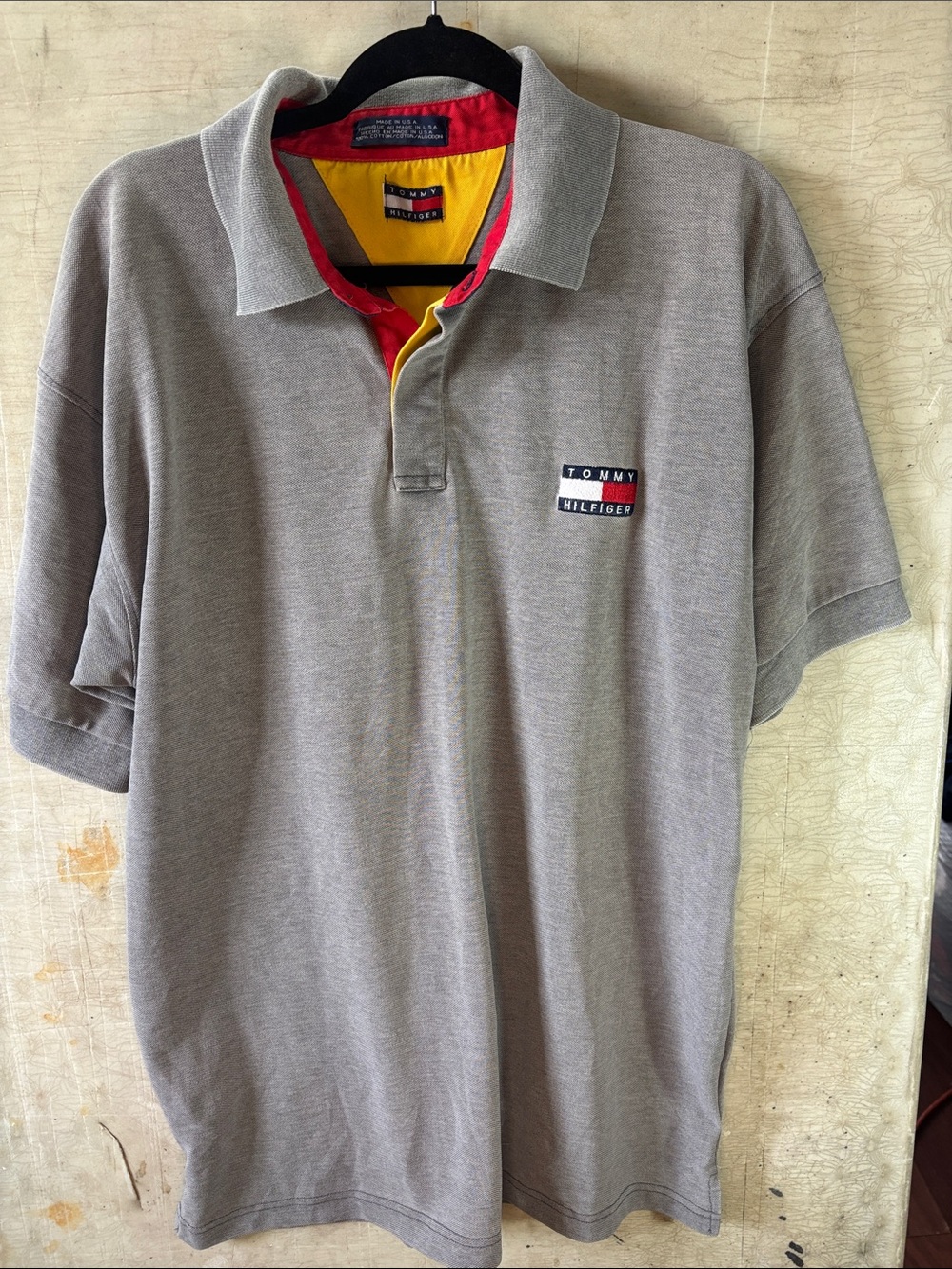 Tommy Hilfiger Men's Heather Gray Polo with Red & Yellow Collar Accents